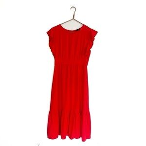 For Cynthia Womens Large Red Ruffled Midi Dress Linen Blend